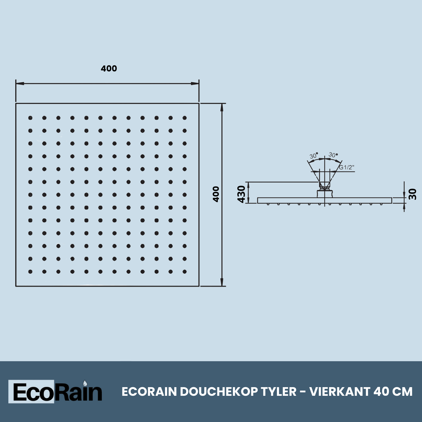EcoRain Stainless Steel Rain Shower Head 30 cm Square Tyler - Black